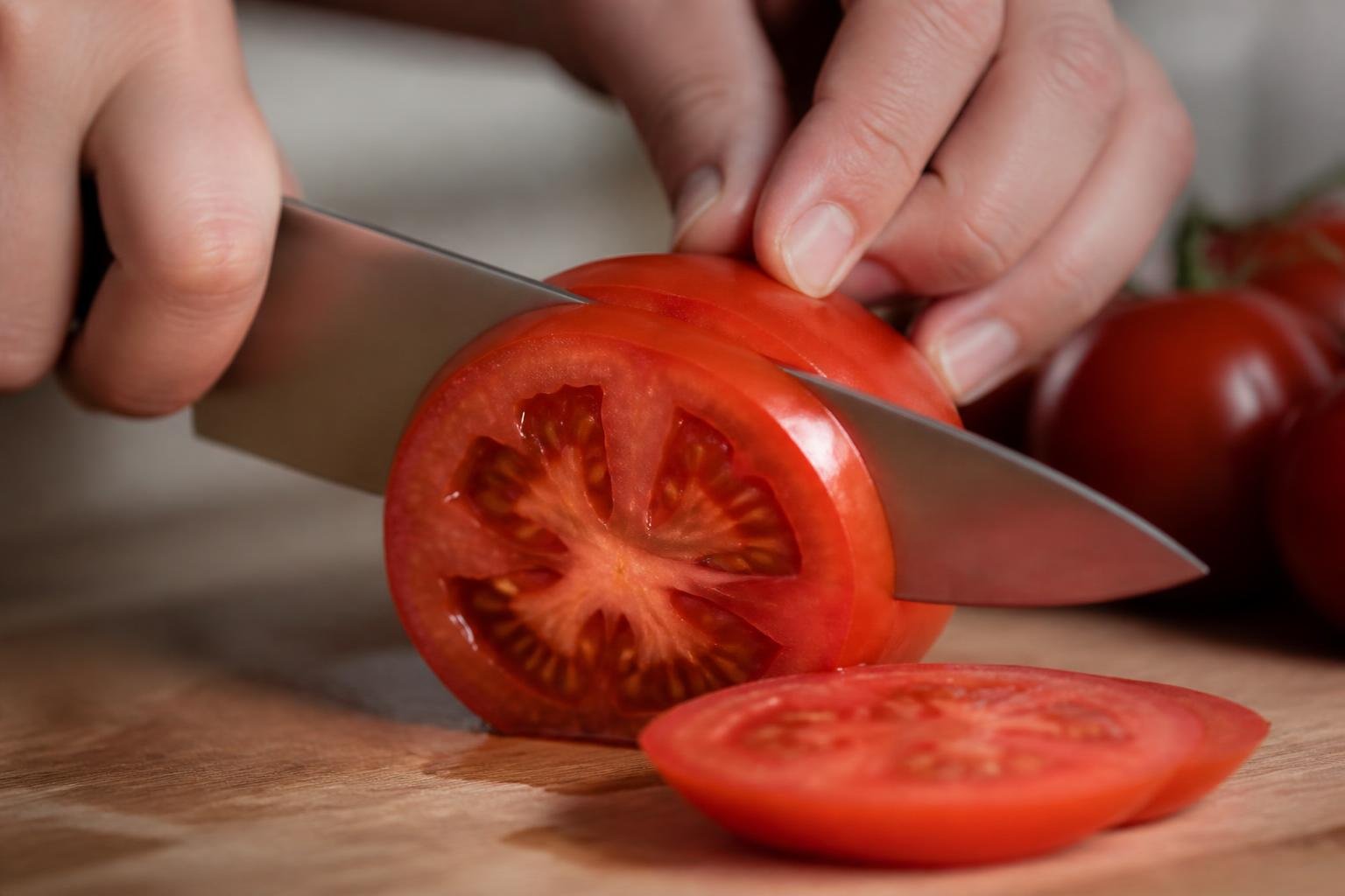 Un couteau bien aiguisé tranchant une tomate sans effort