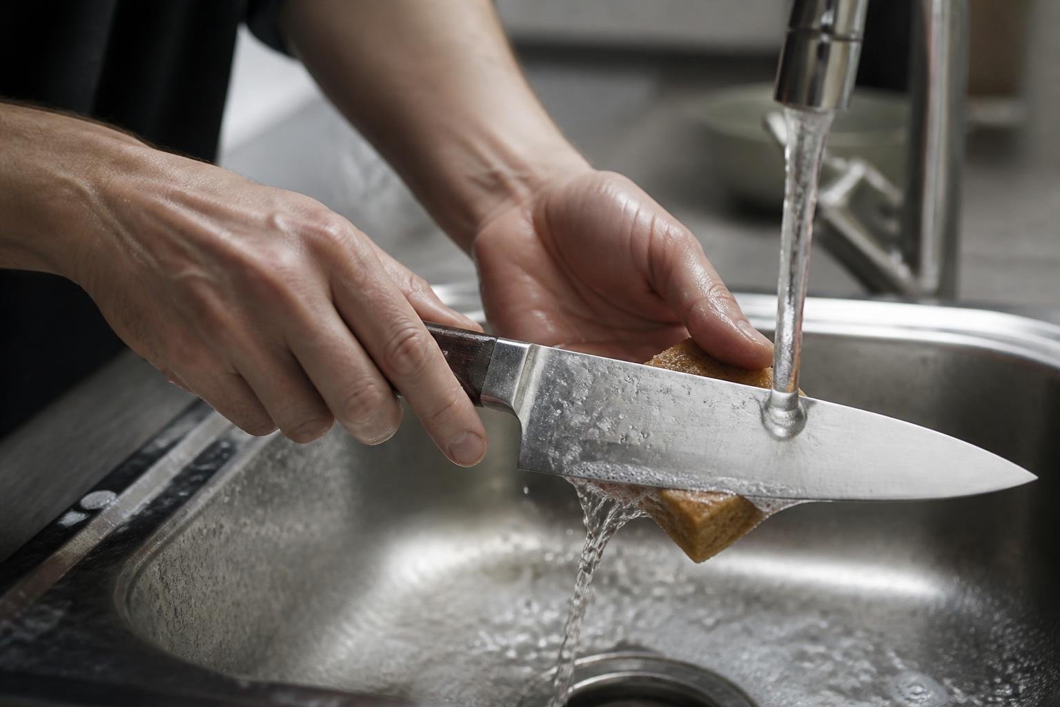 Couteau de cuisine en train d'être nettoyé doucement sous l'eau tiède