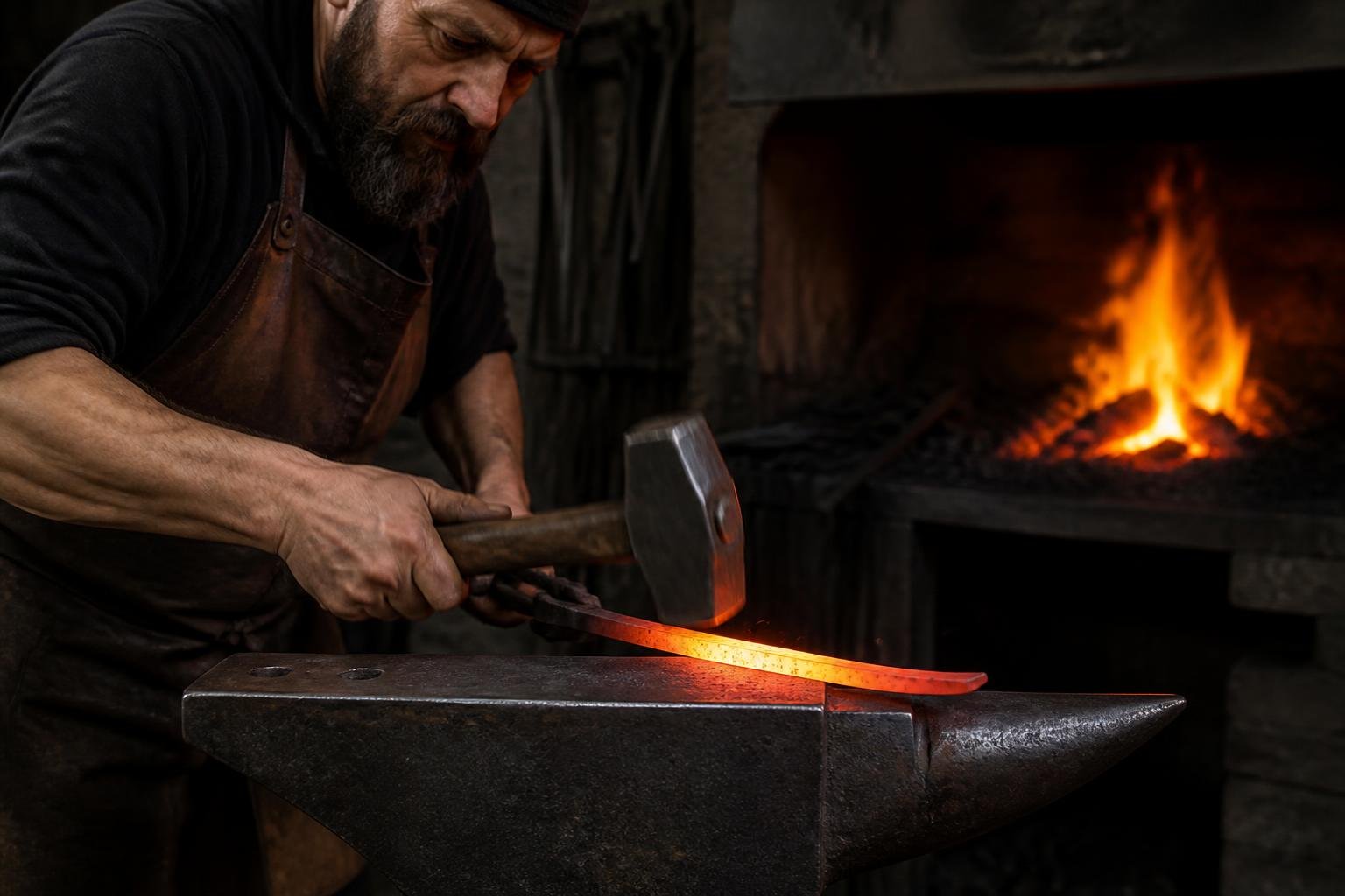 Forgeron travaillant une lame chauffée à la forge