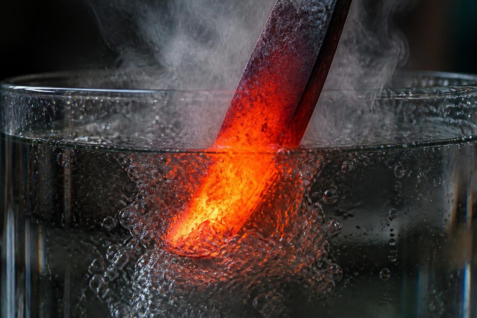 Trempage d'une lame chauffée dans un liquide de refroidissement avec émission de vapeur