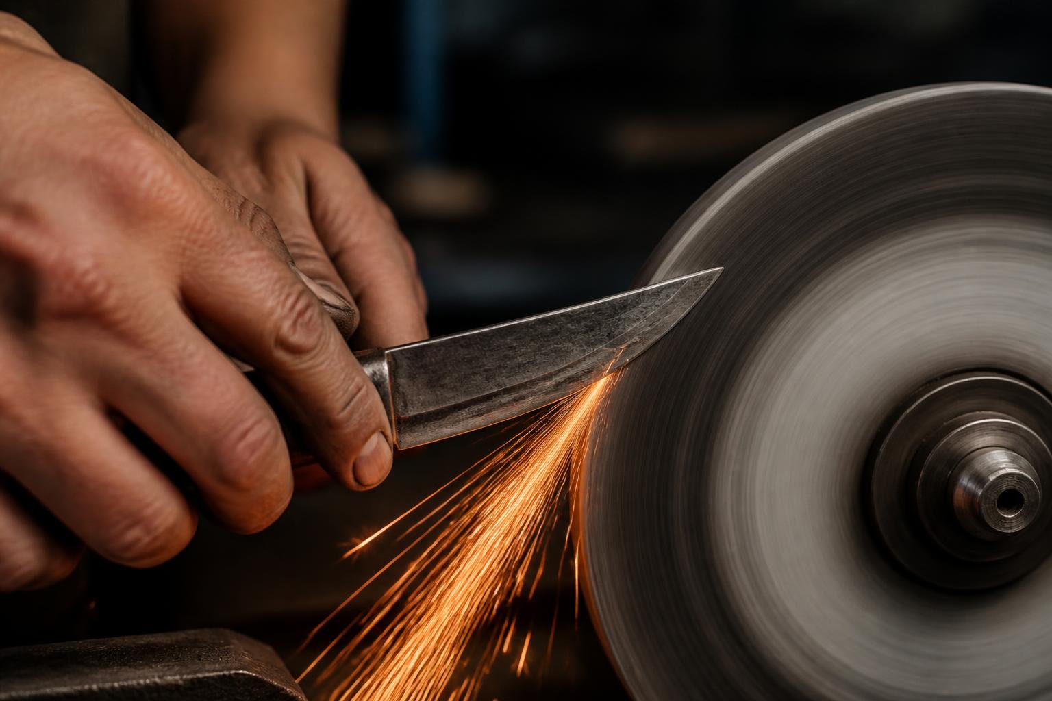 Affûtage d'une lame sur une meule abrasive avec étincelles