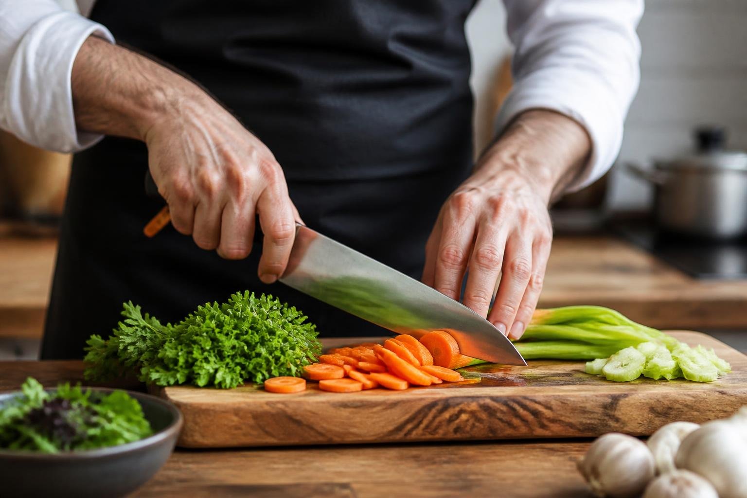 Un cuisinier maniant un couteau de qualité sur un plan de travail en bois, montrant l'usage quotidien et le soin apporté